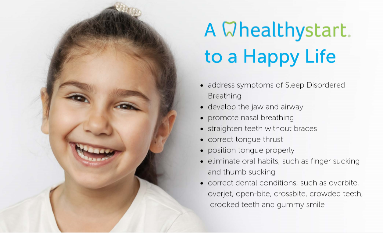 List of how the Healthy Start System can help children with symptoms of Sleep Disordered Breathing & straighten teeth without braces!